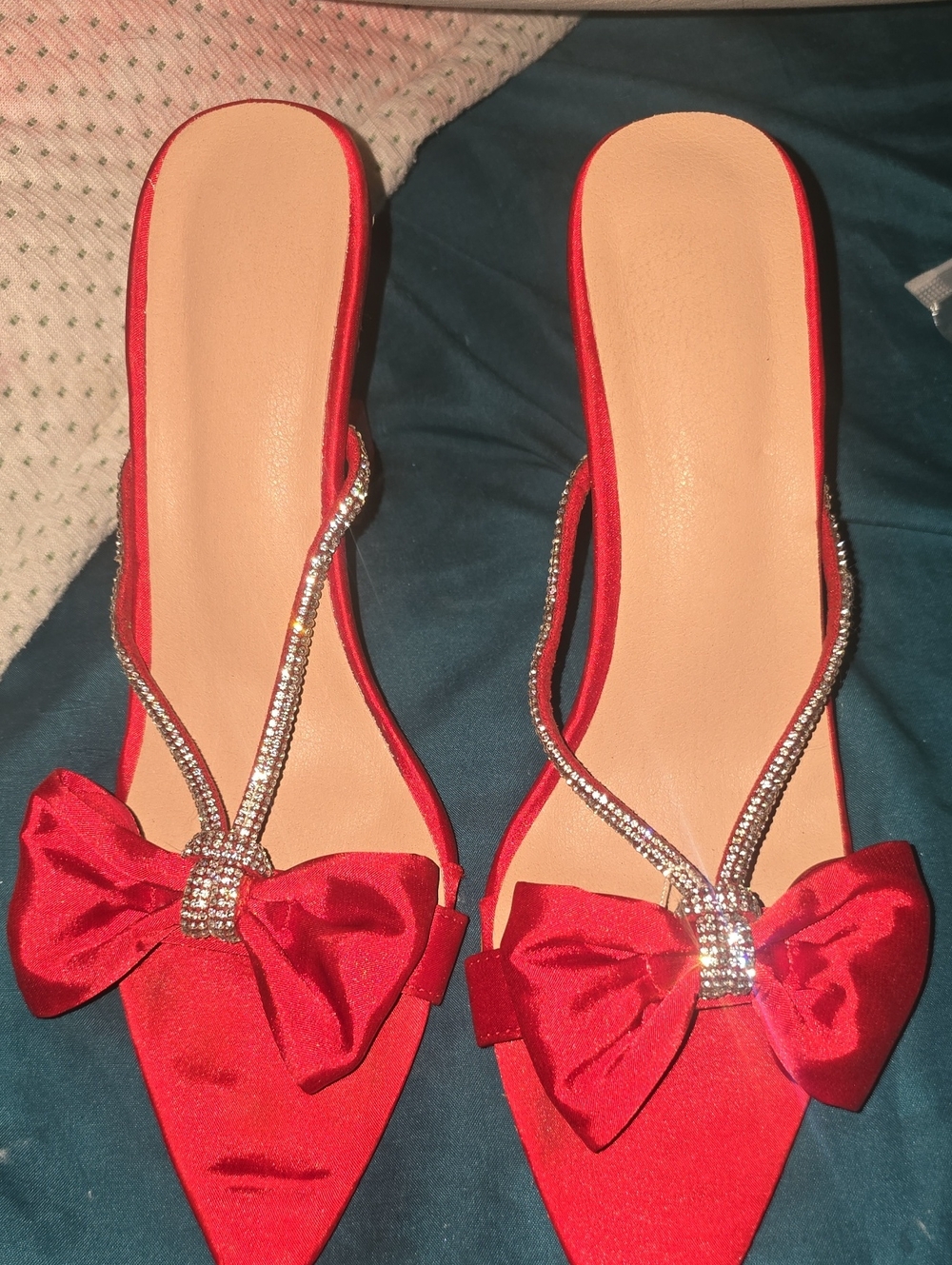 Red Satin Bow Pointed Toe Slip-On Heels with Crystal Straps. 6.5 Never Worn
